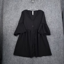 M B Bell Sleeve Dress Womens M Black V Neck Button Front Lace Trim 3/4 Sleeve