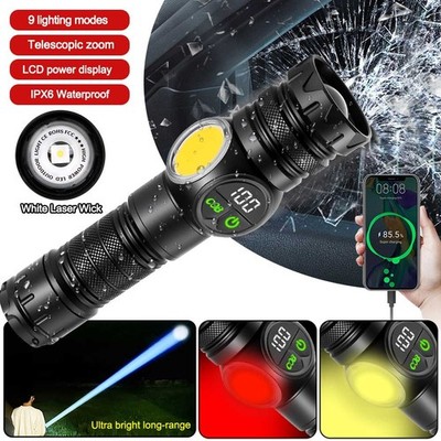 White Laser LEP Flashlight Torch COB Yellow Red Light Zoomable USB Rechargeable