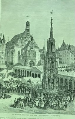 1875 Victorian Art Engraving, The Schone Brunnen and Frauenkirche, Nuremberg