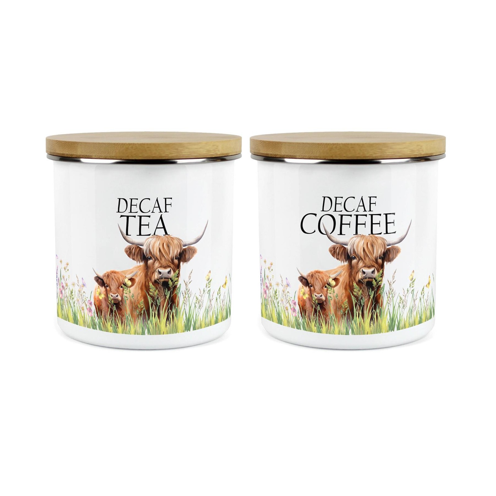 Highland Cow & Calf Decaf Tea & Decaf Coffee Canisters Set -Kitchen Storage Gift