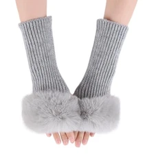 Winter Women Fingerless Gloves Knitted Arm Warmers Hand Mittens Light Gray