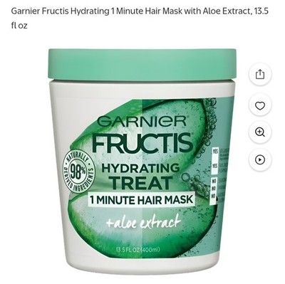 Garnier Fructis Hydrating Treatment 1 Minute Hair Mask Aloe 13.5 oz Jumbo 2 Pack