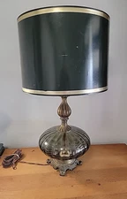 Vintage Mid Century Modern Smokey Green Glass Table Lamp Retro Hollywood Regency