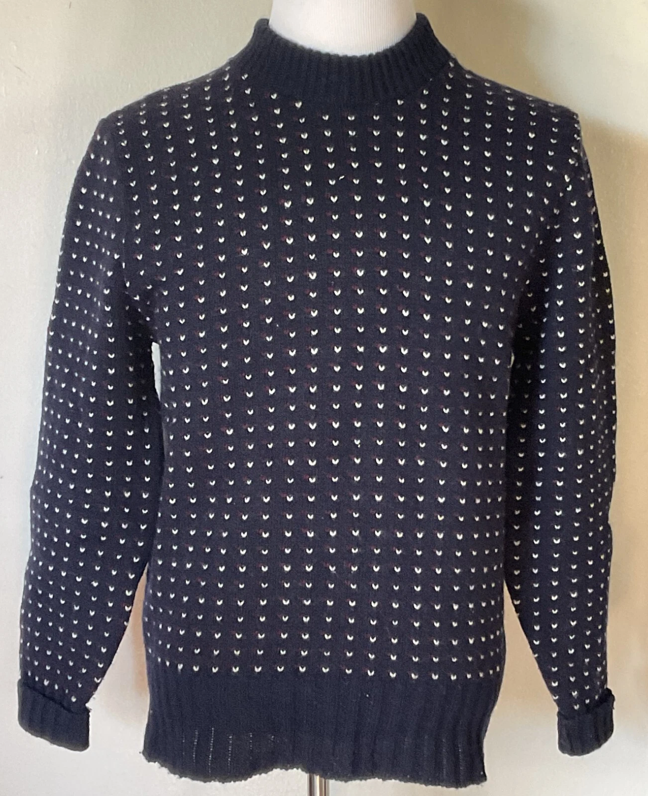 Vintage London Fog Navy Polka Dot Wool Pull-Over Jumper Made in USA Size XL