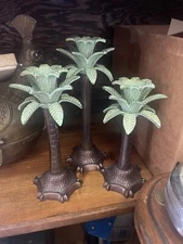 Trio Of Vintage Bronze Art Deco Palm Tree Candlestick Holders  3 sizes
