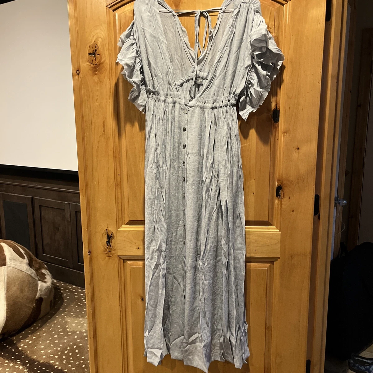 Sweet Lovely by Jen Captivate Me Deep V Ruffle Maxi Dress Misty