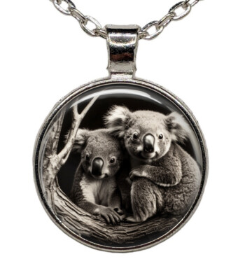 Australian Koala Bears Glass Top Pendant Necklace 24'' Handcrafted Jewelry