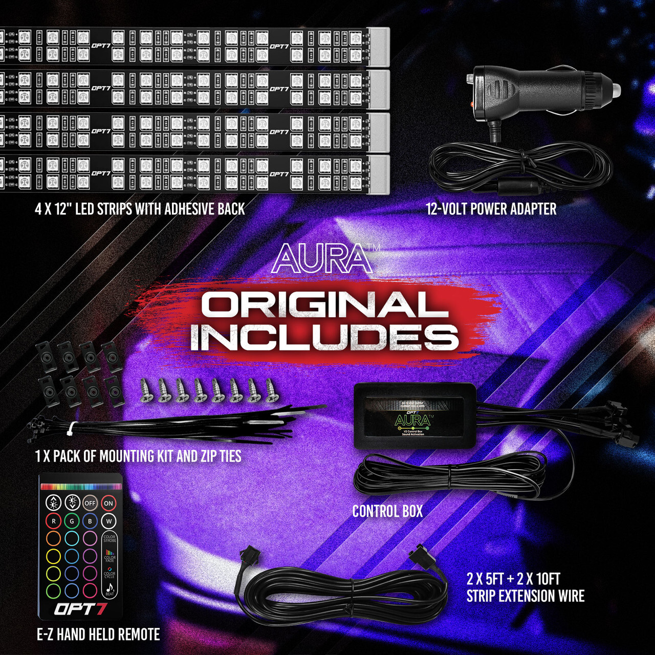 OPT7 Aura LED Interior Light Kit 4pc/6pc 12Inch Smart Strips with