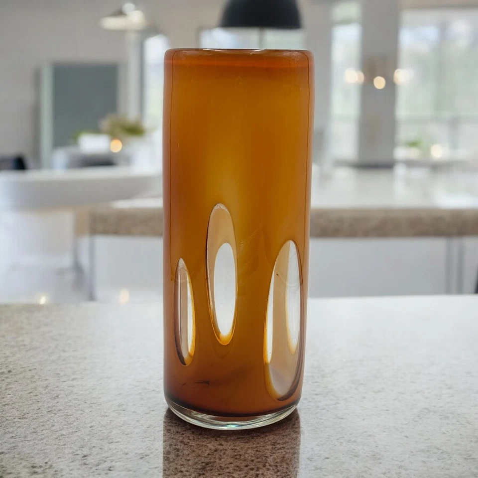 Art Glass Vase Hurricane MCM Modern Century 12” Tall Caramel Amber Cutouts - Image 2 of 4