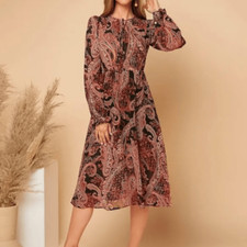 Shein Rust & Black Paisley Midi-Dress, Wide Belt, Bishop Sleeves Sz 12,XL, NWOT