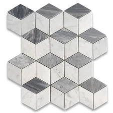C34K7XH Carrara White Gray Marble 3D Cube Illusion Rhombus Geometry Tile Honed