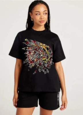 New Women Luxury Diamond Indian Rhinestones Black White T-Shirt High Quality