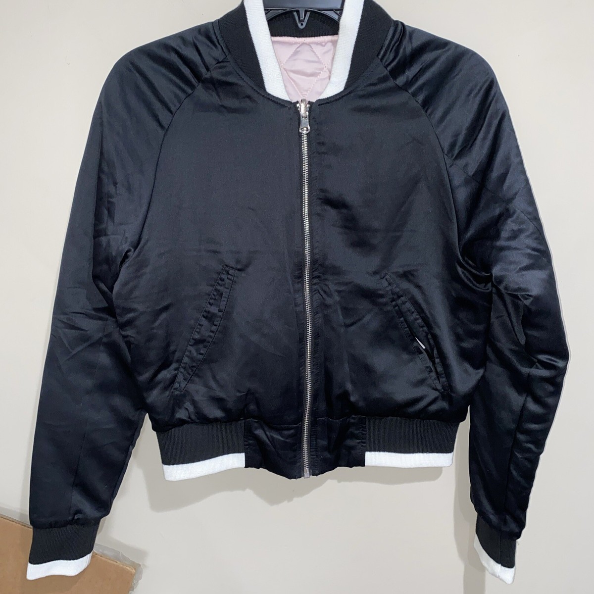 Spiritual Gangster Black Satin Pink Quilted Reversible Bomber Jacket Sz XS