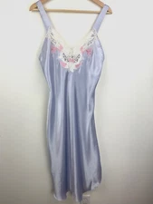 Vintage Val Mode Nightgown Purple Satin Size S Applique Flower Midi Sleeveless