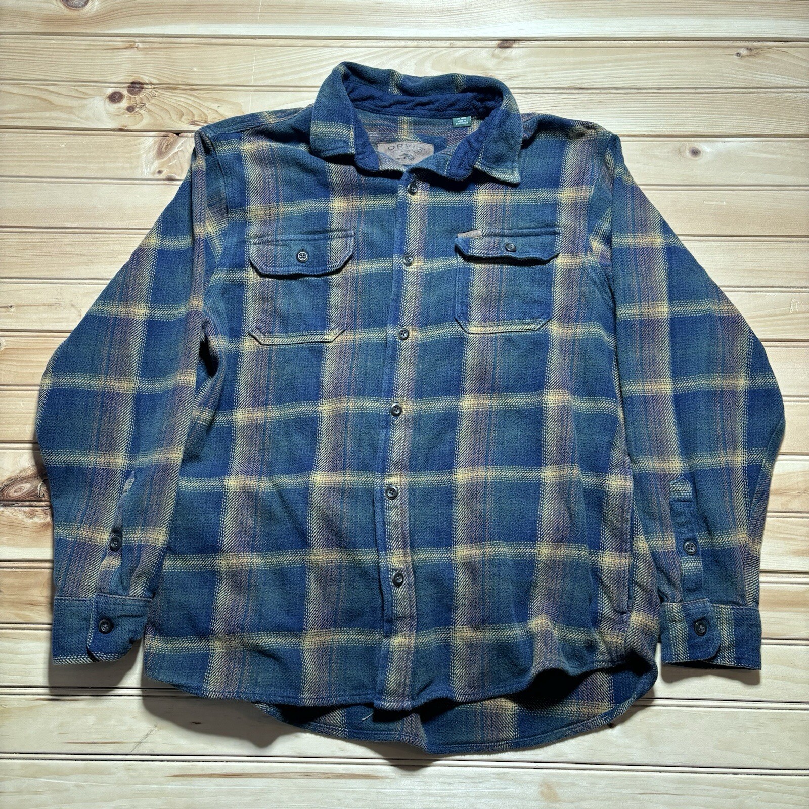 Orvis Classic Plaid Flannel Shirt Shacket Button Up in Brown Blue - Size XL