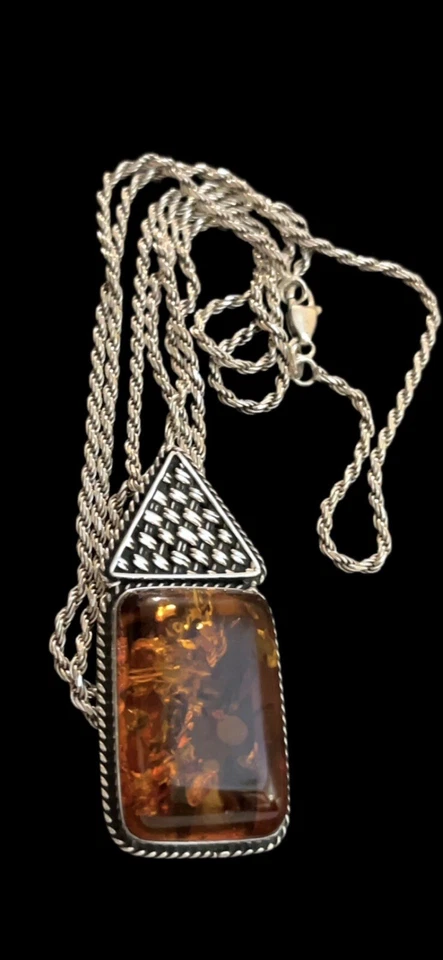 "Colgante ámbar de plata de ley 925 Lori Bonn con 30"" S.S." Cadena de cuerda trenzada Foto 3 de 4