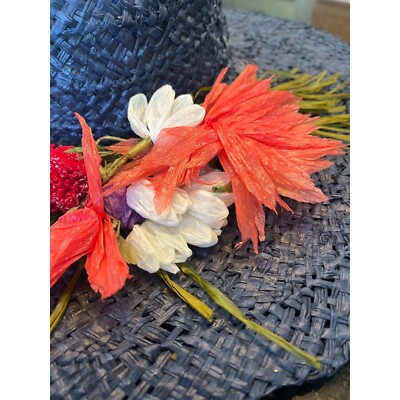 Vtg 1950\'s Women\'s Hand Woven Straw Hat Navy Blue With Hand Sewn Multi Colored s-l400.jpg main image 3