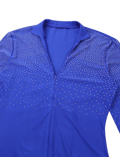 Mens Shiny Rhinestones V-neck T Shirt Bodysuit Long Sleeve Latin Dance Leotard - Picture 36 of 43