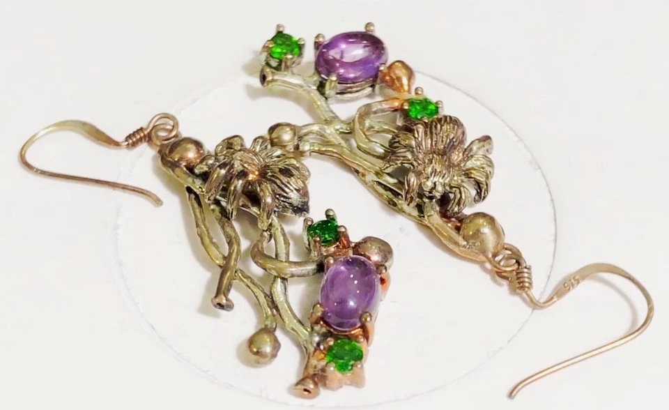 Earrings Amethyst, Chrome Diopside 0.925 Silver Multi-Tone Gold Plated - Image 3 of 4