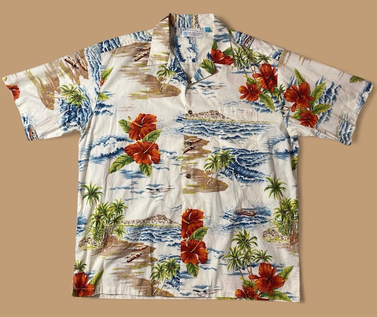 Tori Richard Tropical Beach & Palm trees Hawaiian Button-Up Shirt- Size XL