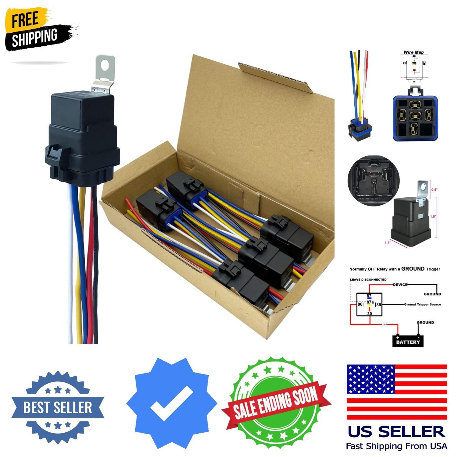 5 Pack 40/30 AMP 12V DC Waterproof Relay Kit with Heavy-Duty Pigtail, 5-PIN S...