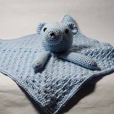 Handmade Teddy Bear Baby Crochet Security Lovey Blanket Blue 14" Shower Gift EUC
