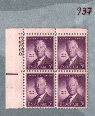 USA Eckblock nummeriert - Scott 937 plate block - 3¢ Alfred E. Smith