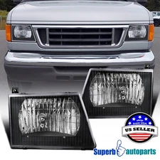 Fits 1992-2006 Ford E150 E250 E350 E450 Econoline Van Headlights Lamps Black