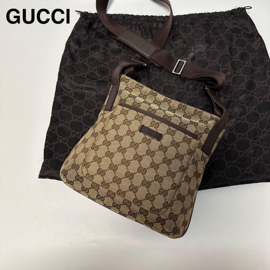 Gucci GG Canvas Leather Logo Shoulder Bag with Storage Pouch