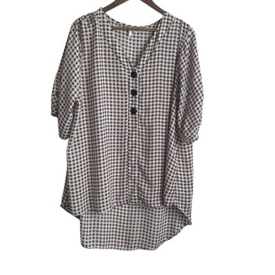 Cato Women Top 18/20 Brown Check Popover High Low Hem Cowgirl Western Casual