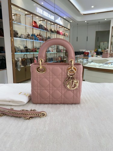 Dior Lady Dior Lambskin Cannage Pink Top Handle Bag AUTH