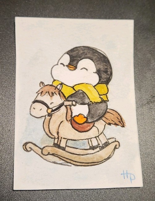 aceo art card original watercolor - Saddle Up - hopep_art - Penguin on Toy Horse