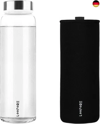 LOOFORE Glasflasche 1 liter / 1l, Wasserflasche Glas 1000ml inkl. Neoprenhülle,
