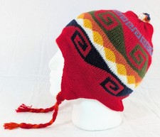 Colorful Soft Alpaca Chullo Reversible Beanie Red Orange Pom Pom Earflap Unisex