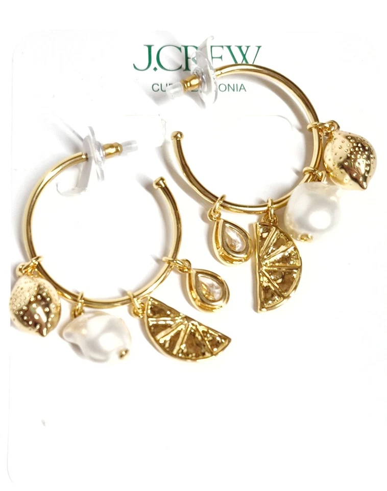 Pendientes de aro con dije de limón náutico J.Crew chapados en oro mate brillante CL125 nuevos Foto 2 de 4