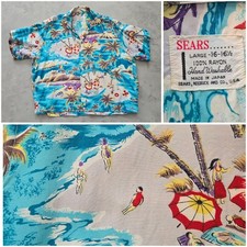 VTG 50s Sears Rayon Hand Screened Hawaiian Shirt Japan Aloha Tiki Large Thrashed