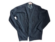 VTG 50s 60s Imperial Beaded Cardigan Sweater MCM Lambswool Angora Black Pin Up