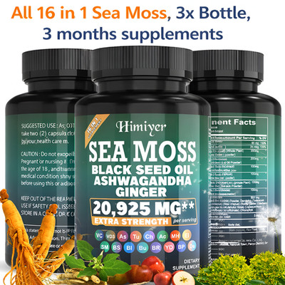 Sea Moss Ashwagandha Black Seed Oil Ginger Turmeric, 3 Bottle-180pcs 16 in 1