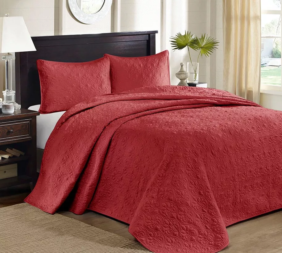 RED XXL 3p QUEEN 102 x 118 BEDSPREAD SET COTTON FILL MATELASSE QUILT CHRISTMAS