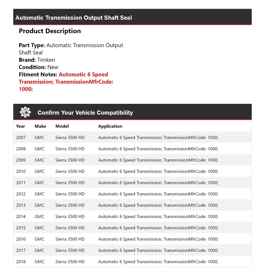 For 2007-2018 GMC Sierra 3500 HD Automatic Transmission Output Shaft Seal Timken - Image 2 of 4