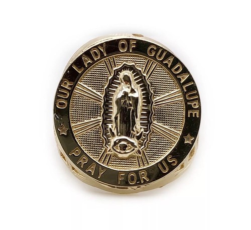 Mens Ring 10K Solid Yellow Gold Virgin Mary Our Lady of Guadalupe Pray ...