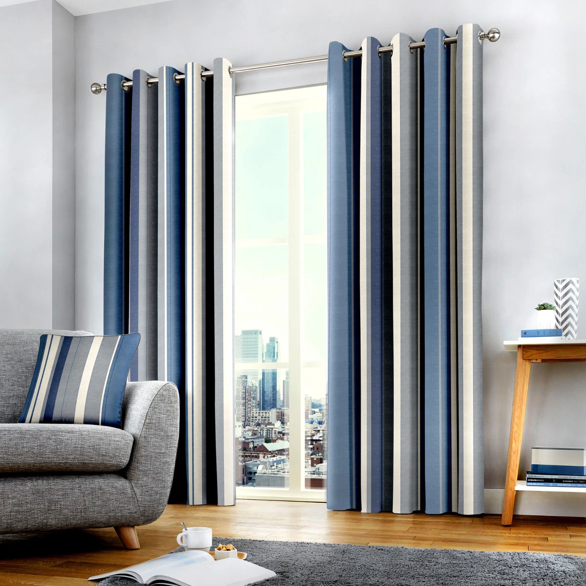 Blue cheap stripe curtain