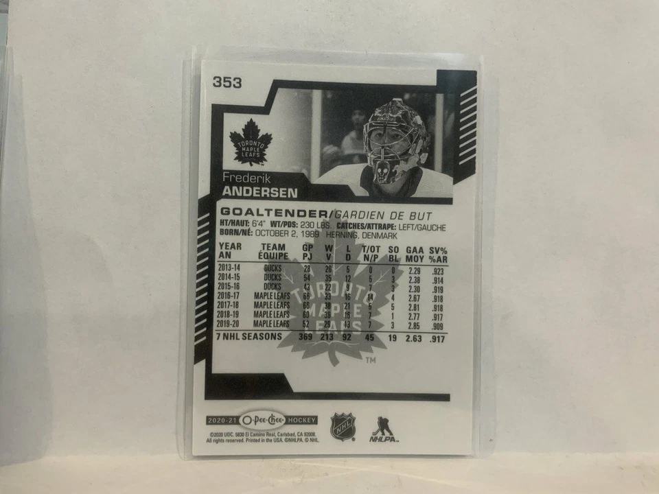 #353 Frederik Andersen Toronto Maple Leafs 2020-21 O-PEE-CHEE Hockey Card MR - Image 2 of 2