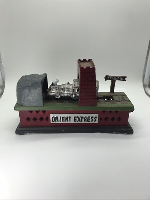 Cast Iron Orient Express Mechanical Bank Steam Engine Train Works Great Complete