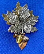 Stamped Metal Tri-Color Nature's Maple Leaves, Acorn, Pine Cone Pin Brooch