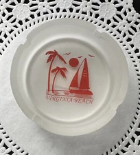 Vintage Virginia Beach Ashtray Frosted Satin Glass Souvenir Sailboat Palm Trees