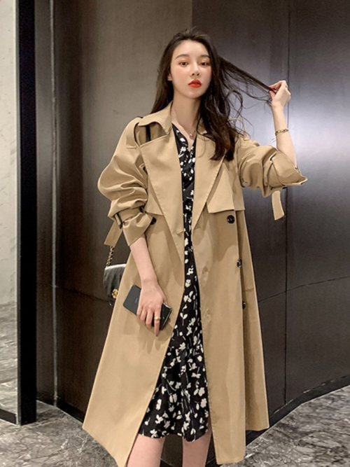 Giacca a vento lunga donna tinta unita revers doppia fila bottoni trench coat