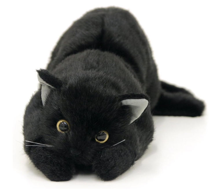 Realistic open-eyed black cat plush toy made in Japan by Dousin  