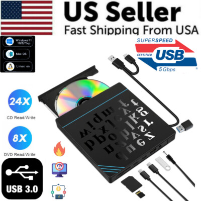 External CD DVD Drive for PC Laptop Windows 11 10 USB 3.0 Burner Reader Writer