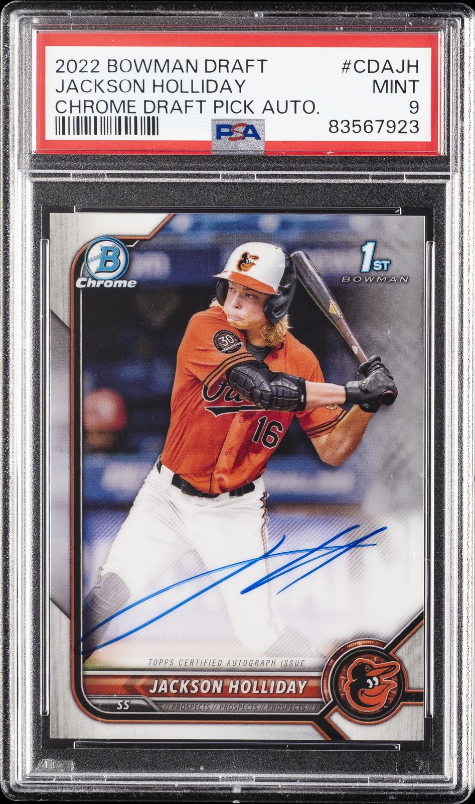 2022 BOWMAN DRAFT CHROME DRAFT PICK AUTOS #CDAJH JACKSON HOLLIDAY PSA 9 AUTO